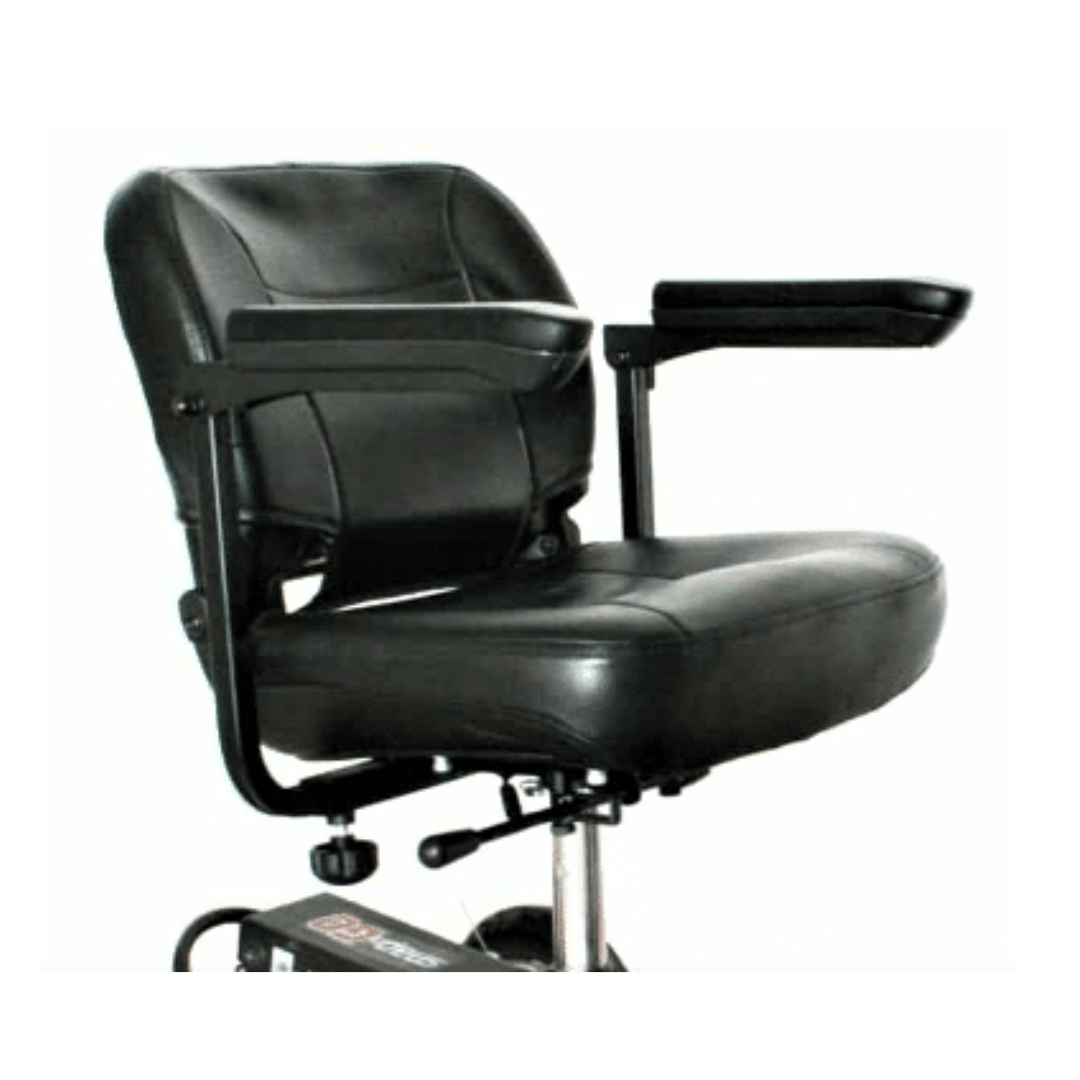 A comfortable black scooter seat with armrests, featuring a cushioned back and seat, adjustable levers, and part of the sleek Glion SNAPnGO Scooter base, powered by a reliable lithium-ion battery for optimal comfort and functionality.